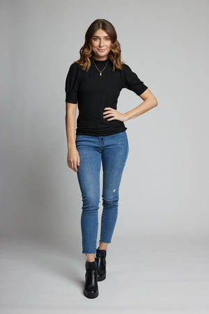 Elbow puff sleeve mock neck top in Modal Cotton and Rayon made from bamboo fiber.