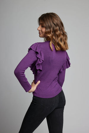 Violet long sleeve ruffle sleeve square neckline top made of light weight Modal/Rayon with stretch. 