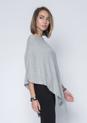 Asymmetrical heather gray poncho sweater wrap.