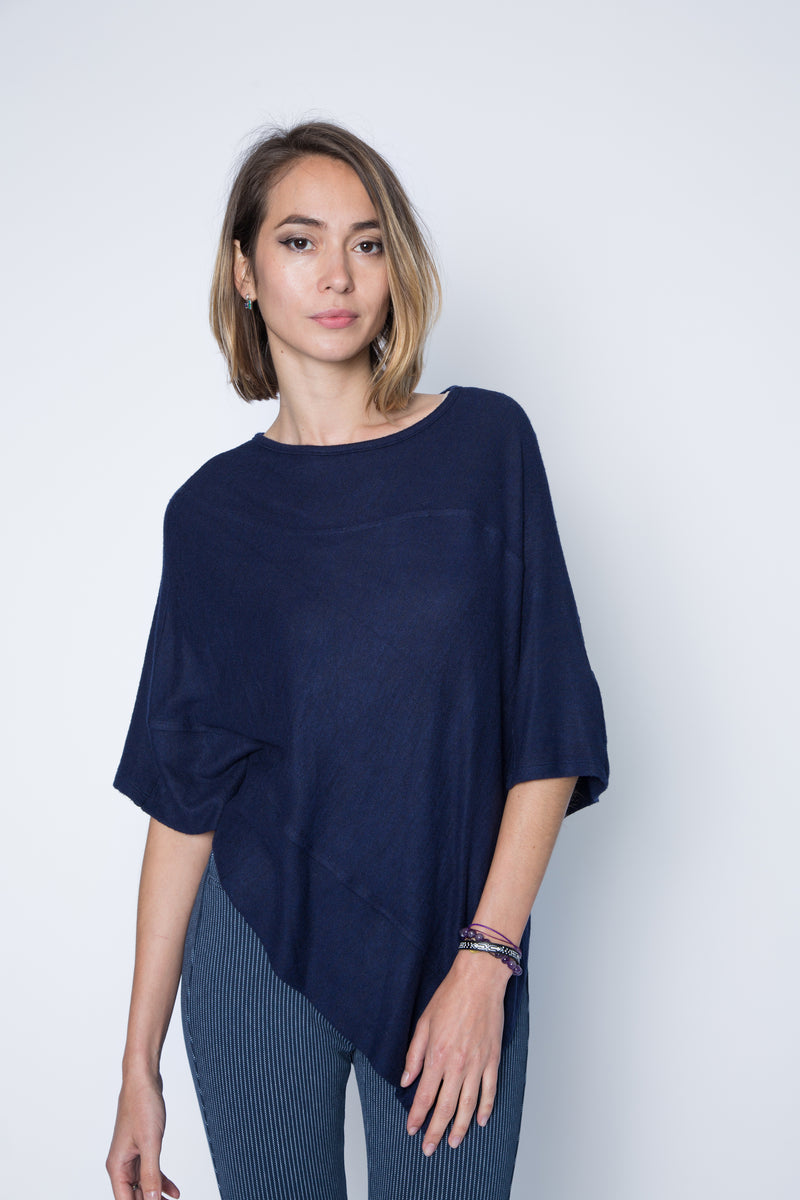 Asymmetrical poncho sweater wrap in midnight blue color