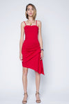 Strappy midi red dress with side rouge and asymmetric bottom.