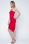 Strappy midi red dress with side rouge and asymmetric bottom.