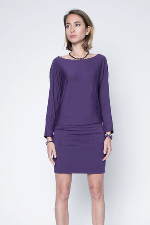 Quarter sleeve dolman style dress relax fit in purple color modal jersey