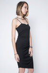 Strappy midi black dress with side rouge and asymmetric bottom.