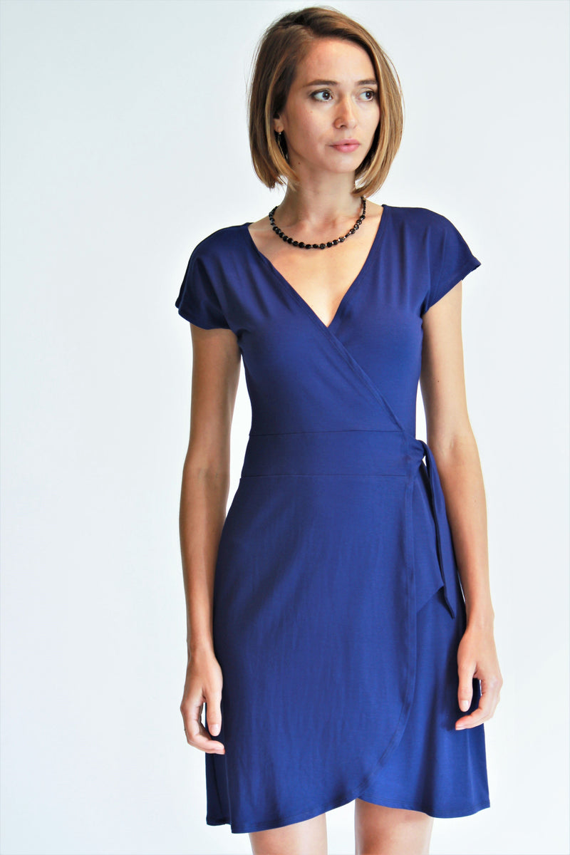 Cap Sleeve Royal Blue Wrap Dress in Rayon Spandex Jersey
