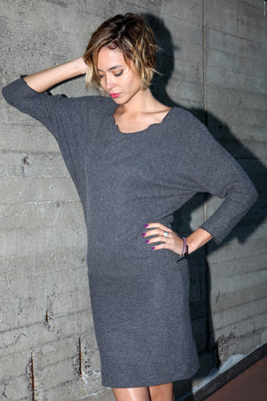 Quarter sleeve modal dolman style dress relax fit in charcoal sweater jersey
