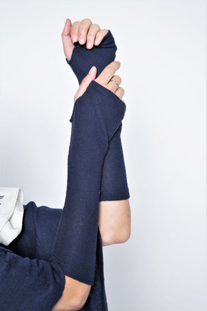  Long Fingerless Glove Single Layer Sweater Jersey in Navy 